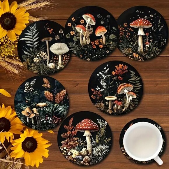 Set of 6 Mushroom Forest Art Design Coasters - Picture 1 of 4